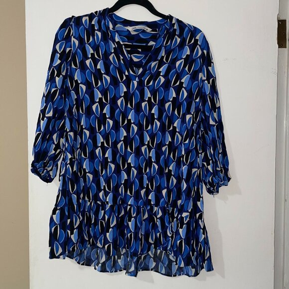 Zara Blue White Black Patterned 3/4 Sleeve Ruffled Hem Blouse Size M - Picture 1 of 6